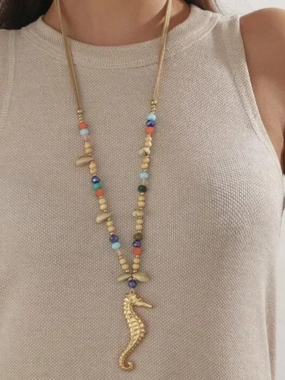 Gold Seahorse Pendant Necklace with Multicolor Beads R277